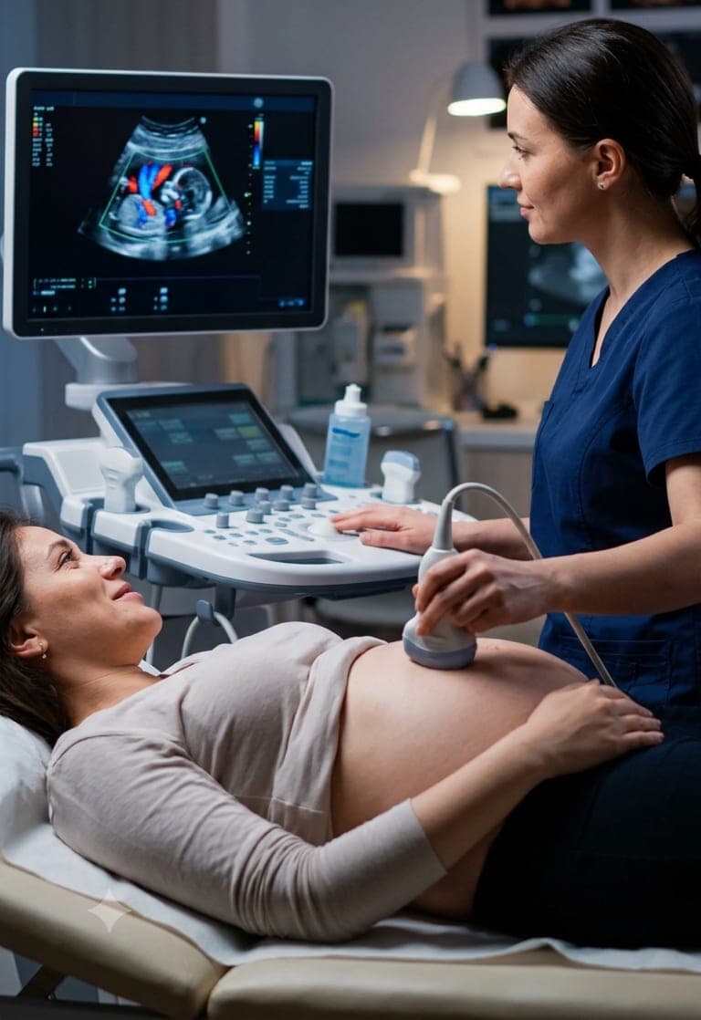Illustration of an obstetric ultrasound scan in progress, with colour Doppler imaging on the monitor
