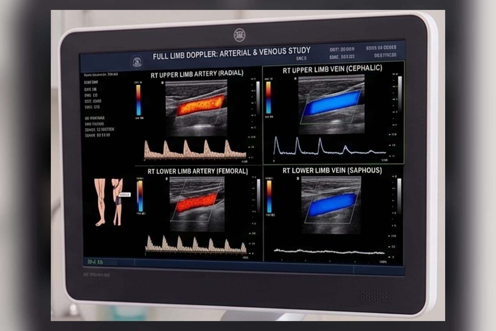 An ultrasound monitor showing an arterial and venous Doppler study of the upper and lower limbs, with colour flow and waveform traces