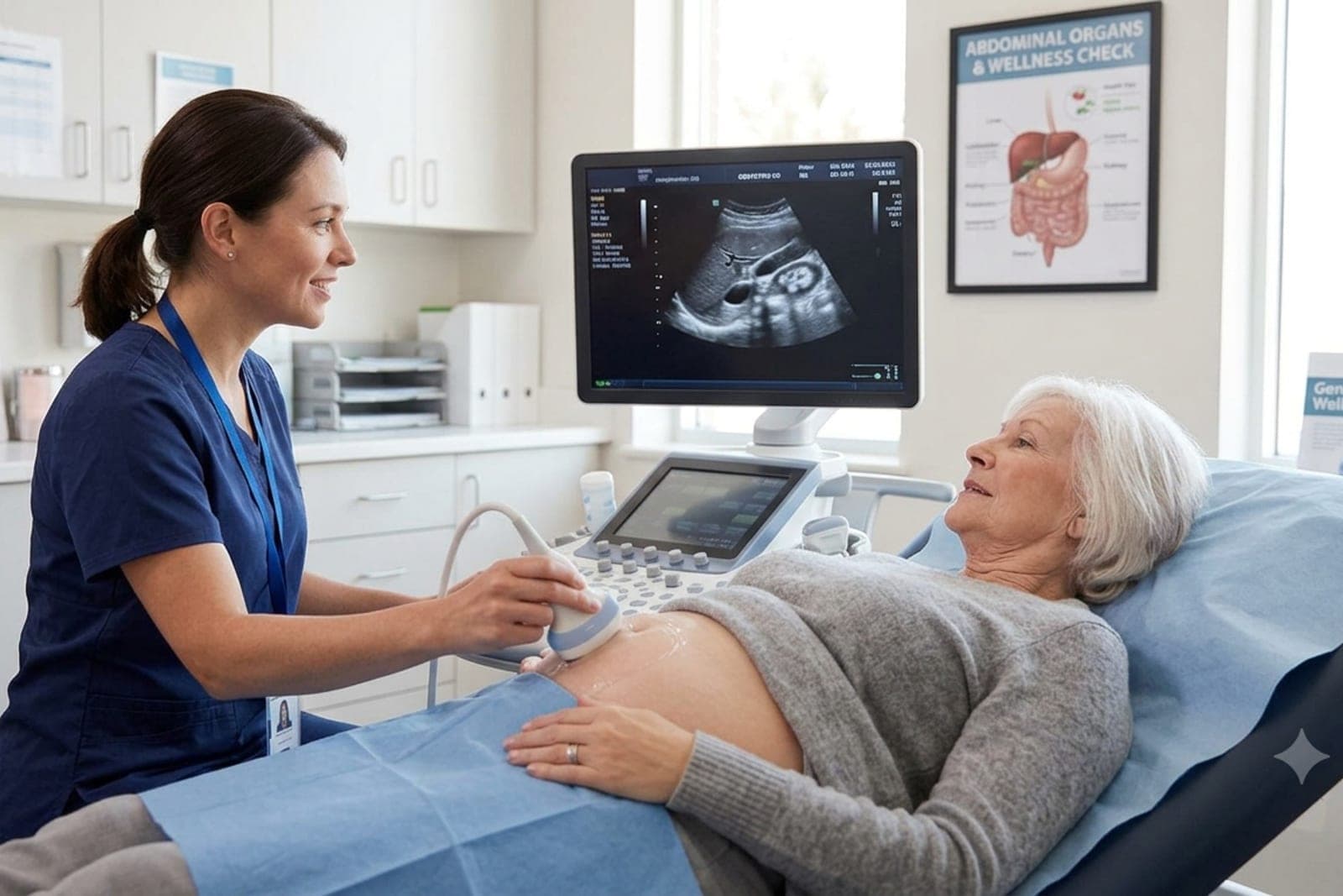 A sonographer performing an abdominal wellness scan, the abdominal organs shown on the monitor