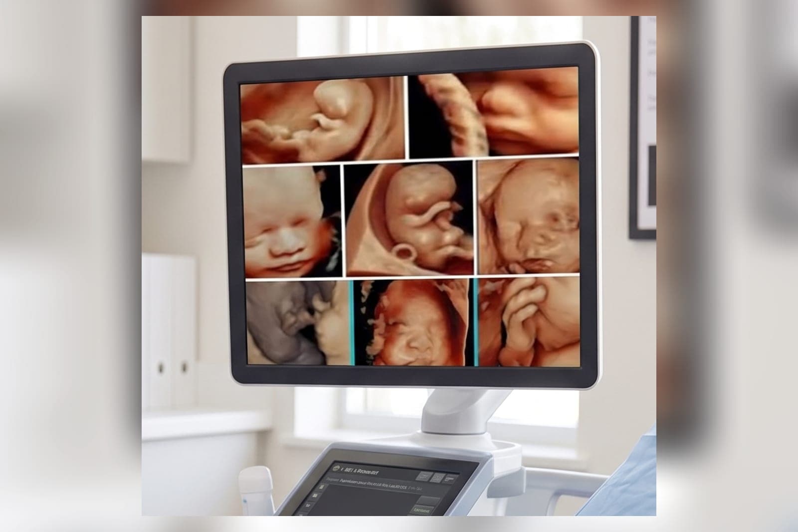 An ultrasound monitor displaying a grid of 3D and 4D images of an unborn baby