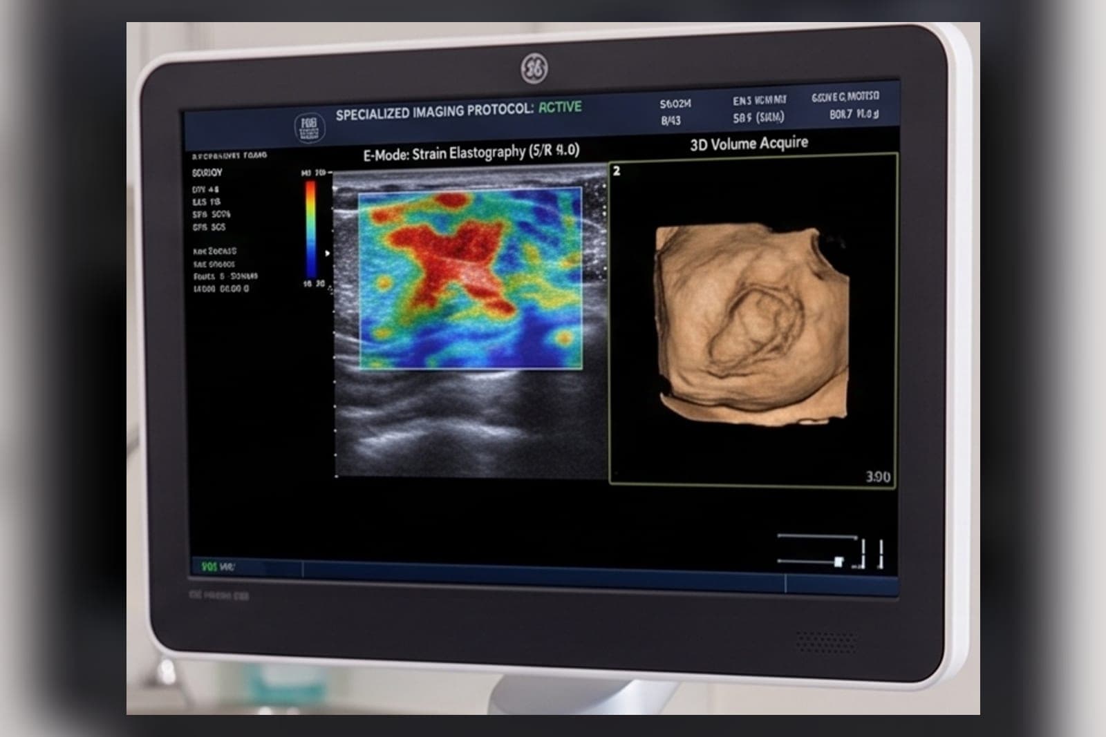 An ultrasound monitor running a specialised imaging protocol alongside a 3D volume reconstruction