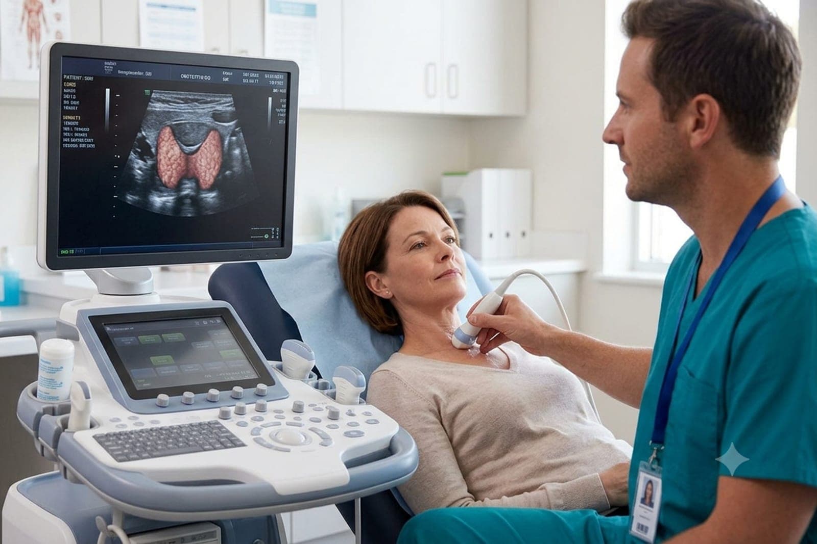A patient having her neck scanned, with the thyroid gland shown on the monitor