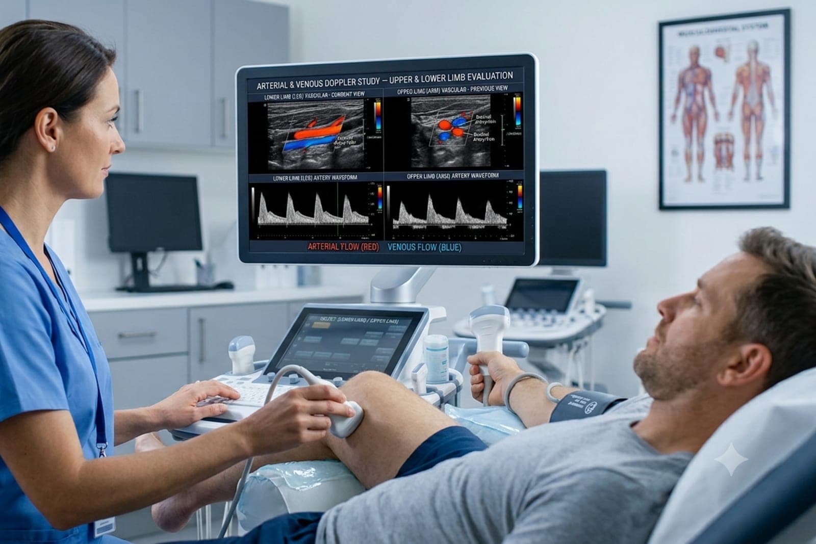 A sonographer performing a Doppler study of the leg veins, colour blood flow shown on the monitor